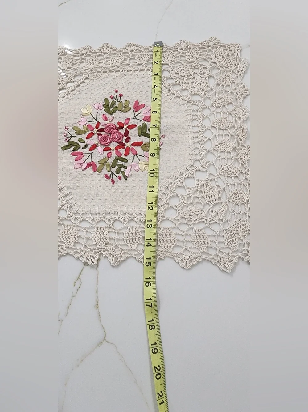 Mexican Artisanal Handmade Crochet Lace Table Runner Floral Ribbon Embroidered.
